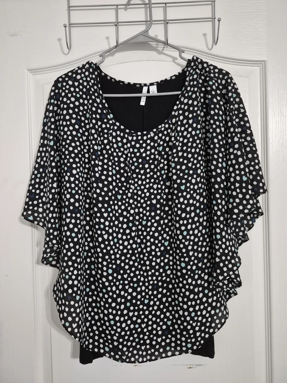 Elle Black Polka Dot Flutter Sleeve Blouse with Attached Tank Top. Sz XL - Picture 1 of 5
